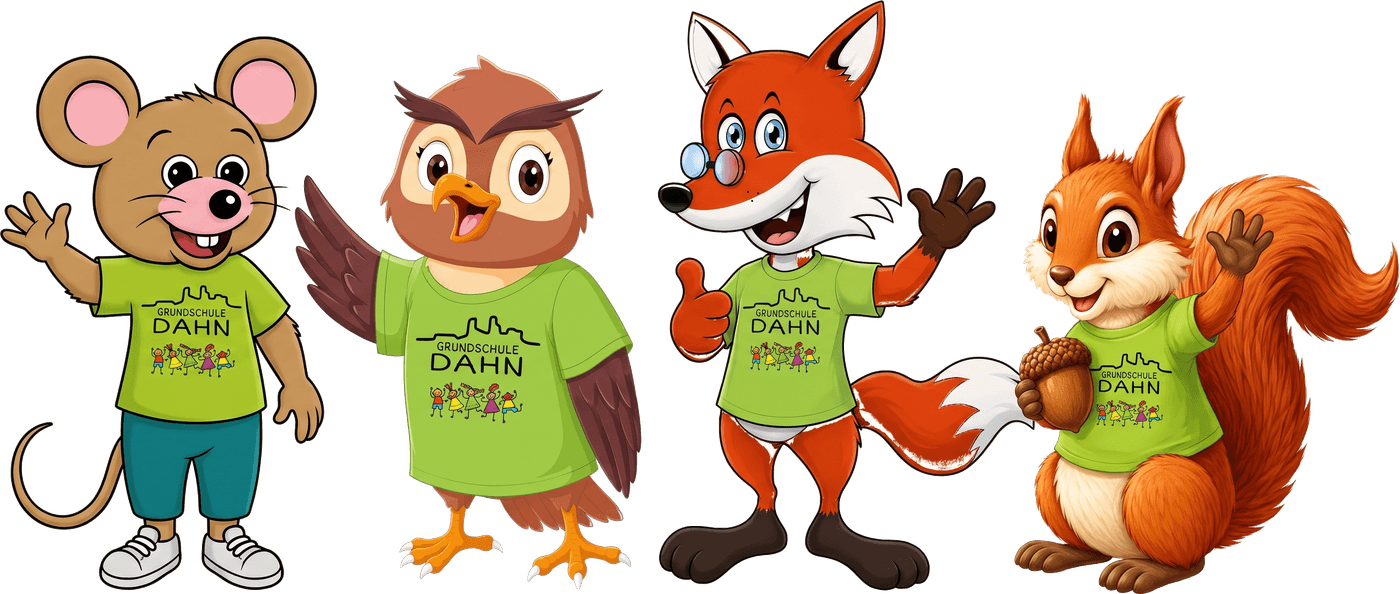 Die Maskottchen der Betreuungsgruppen: Springmaus, Eule, Fuchs und Eichhörnchen